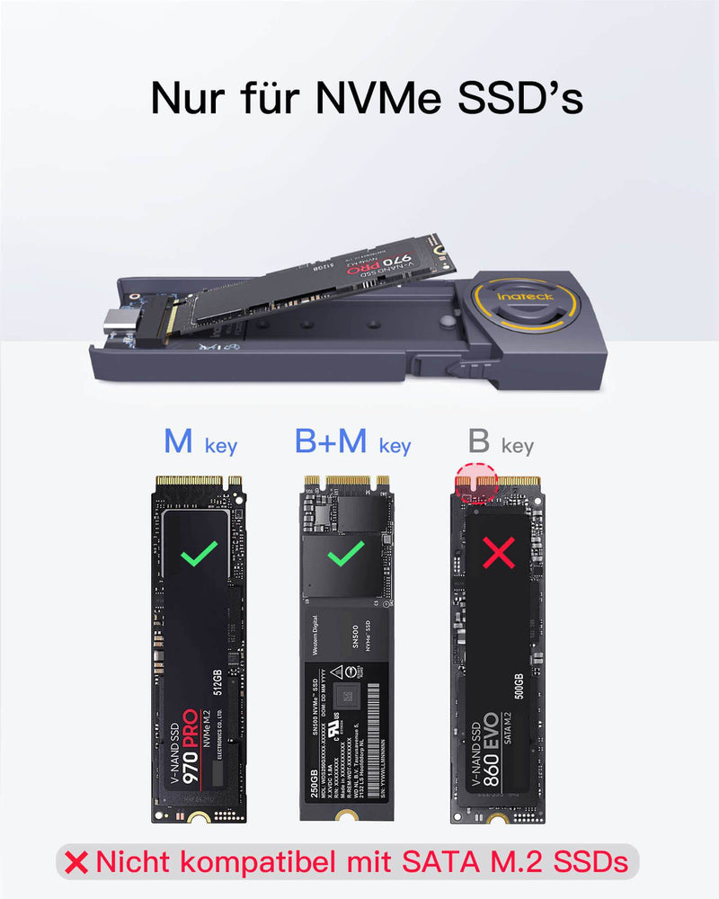 NVMe Gehäuse mit Wärmeableitung-Lüfter, USB 3.2 Gen 2 M.2 SSD Adapter, werkzeuglos, FE2023 - Inateck Official DE