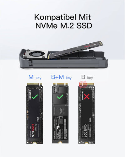 NVMe M.2 Gehäuse mit Lüfter, 10Gbps, M Key/B&M Key unterstützt, werkzeugfrei Aluminiumgehäuse FE2022 - Inateck Official DE