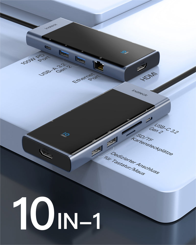 USB C Hub mit 10 Anschlüssen, USB 3.2 Gen 2 Geschwindigkeit, 50 cm Kabel, HB2026 - Inateck Official DE