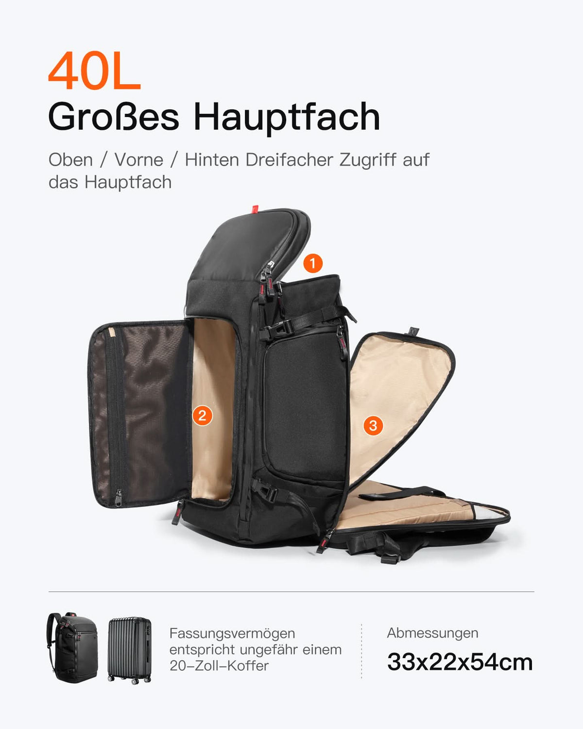 inateck DE Handgepäck Rucksack 40L, TSA Freundlich Groß Reiserucksack Spritzwassergeschützt Travel Backpack für 17 Zoll Laptop, BPX