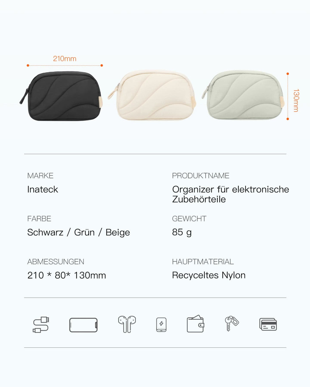 inateck DE Leicht Kabeltasche Elektronik Organizer, Spritzwassergeschützte Zubehör Reisezubehörtascheb, ABW31
