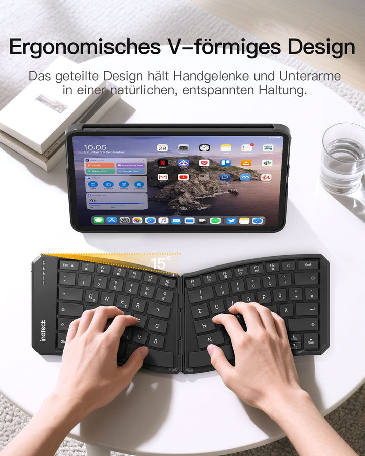 inateck DE Faltbare Tastatur Ergonomische, QWERTZ,mit 3 Bluetooth, Nomad Ergo KB603