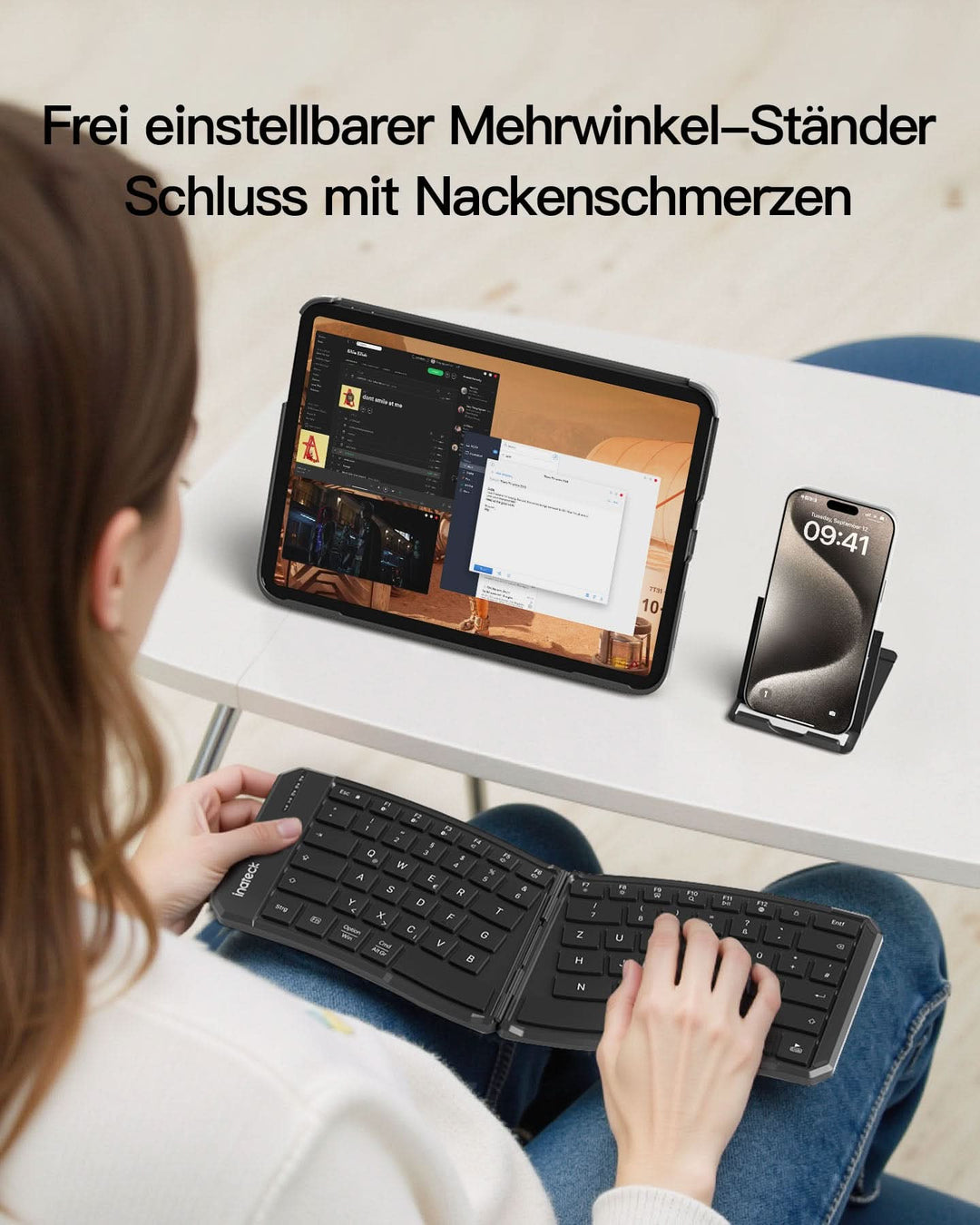 inateck DE Faltbare Tastatur Ergonomische, QWERTZ,mit 3 Bluetooth, Nomad Ergo KB603