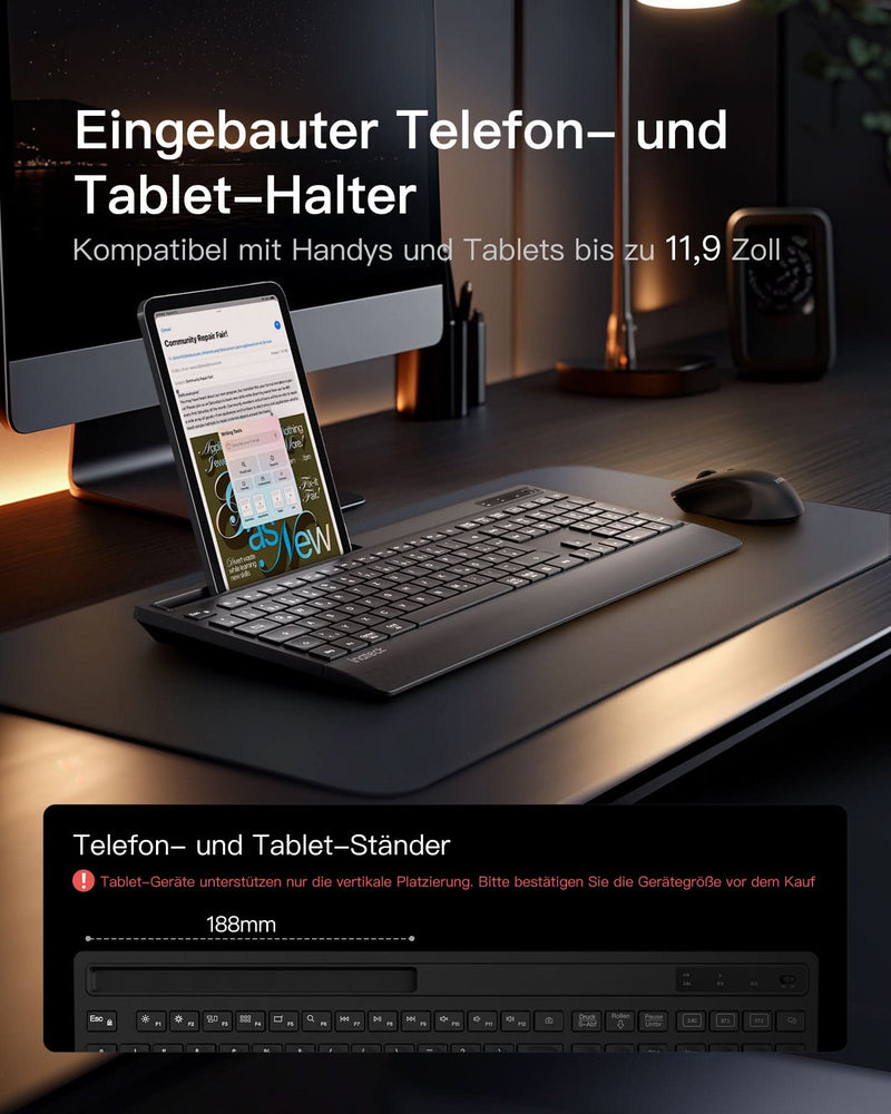 Ergonomisches Tastatur in voller Größe mit Handballenauflage, Telefonhalter Wireless-Tastatur, KB06004