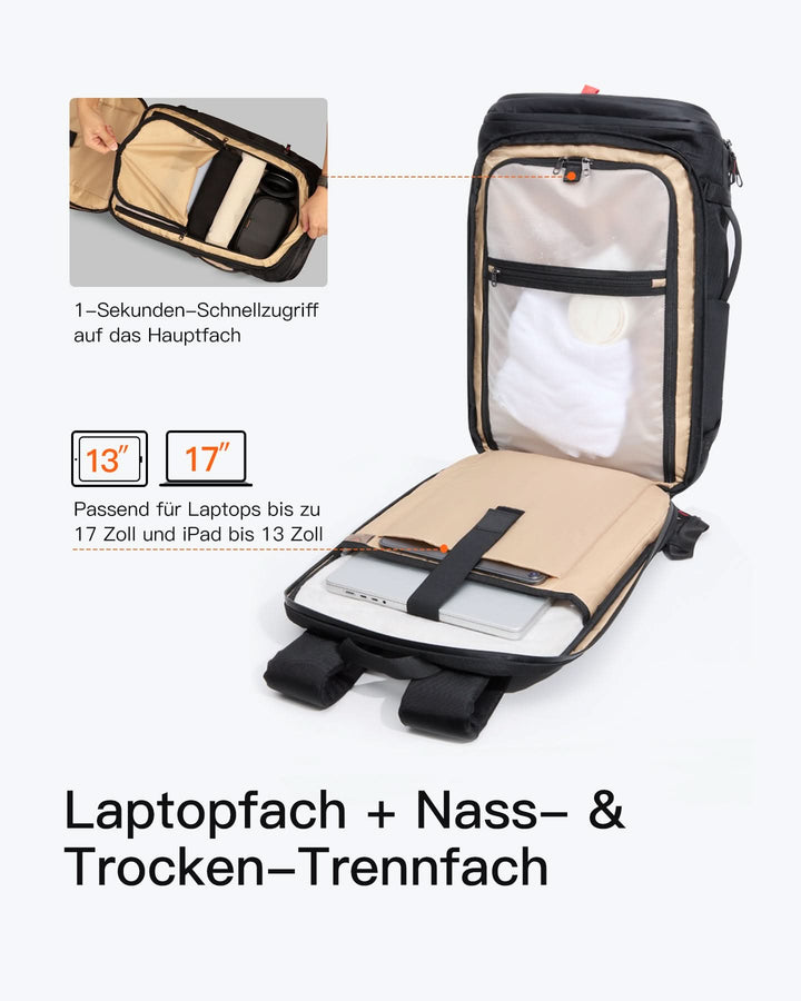 inateck DE Handgepäck Rucksack 40L, TSA Freundlich Groß Reiserucksack Spritzwassergeschützt Travel Backpack für 17 Zoll Laptop, BPX