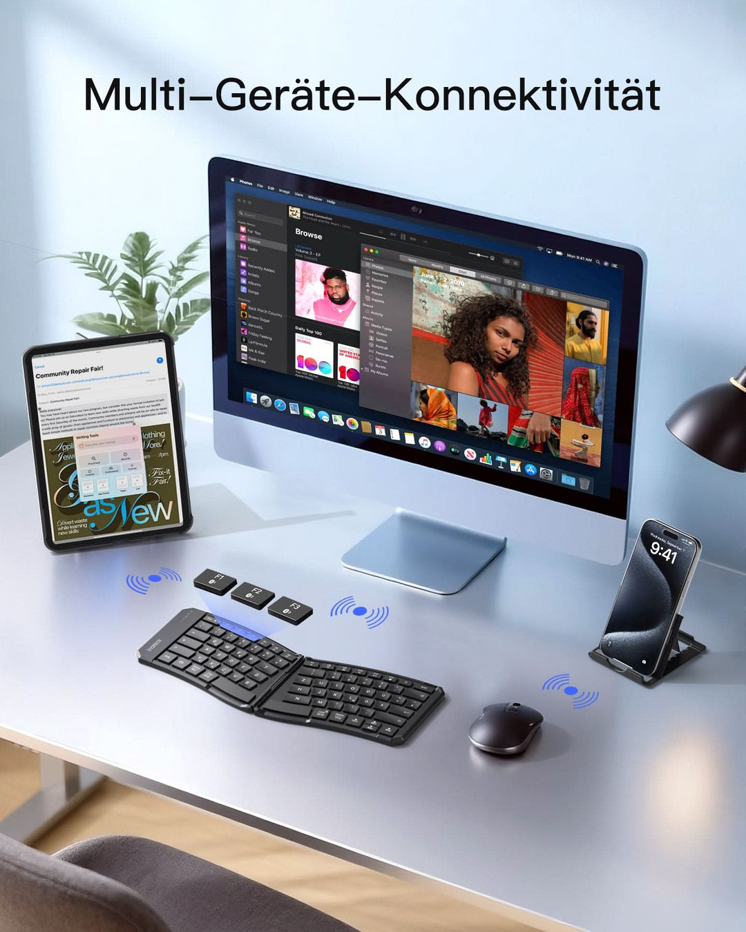inateck DE Faltbare Tastatur Ergonomische, QWERTZ,mit 3 Bluetooth, Nomad Ergo KB603