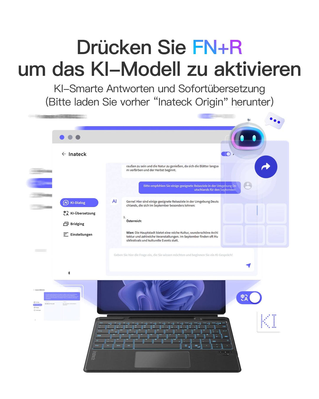 inateck DE Surface Pro AI Funktion Tastatur, Kompatibel mit Surface Pro 11/10/9/8/X, QWERTZ, KB05114