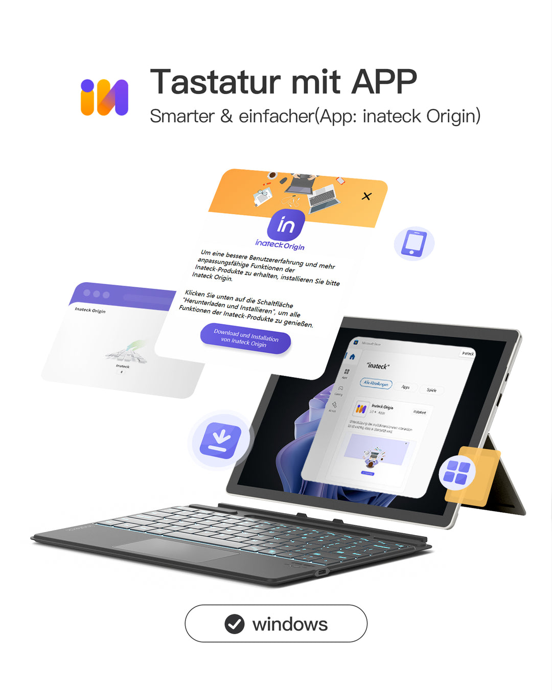 inateck DE Surface Pro AI Funktion Tastatur, Kompatibel mit Surface Pro 11/10/9/8/X, QWERTZ, KB05114