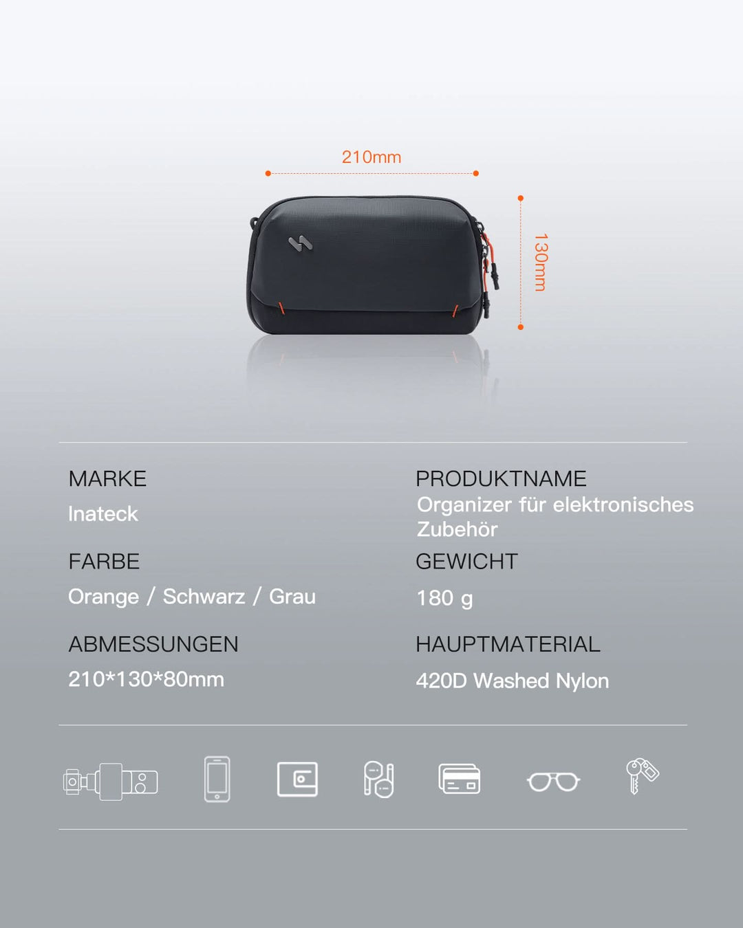 inateck DE Portabler Elektronik-Organizer, spritzwassergeschützte Reisezubehörtasche für Kabel, Power Banks, Hubs, ABM33