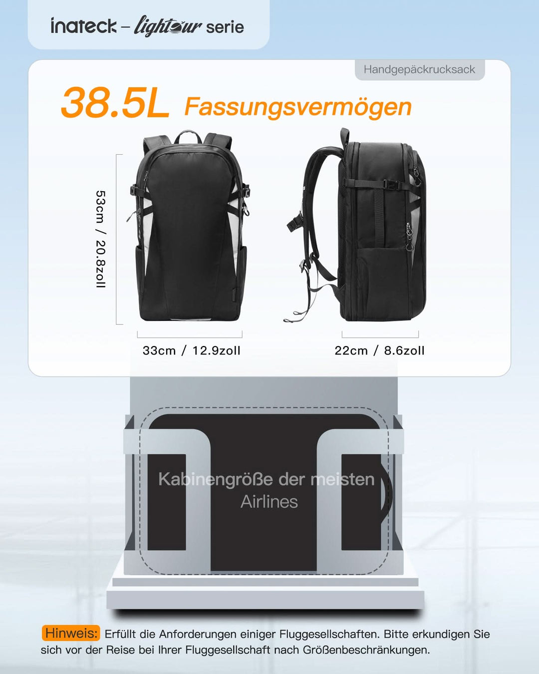 inateck DE 38,5L Leichter Reiserucksack, TSA Freundlich, für 15,6-17 Zoll Laptop, Schwarz, BP03009