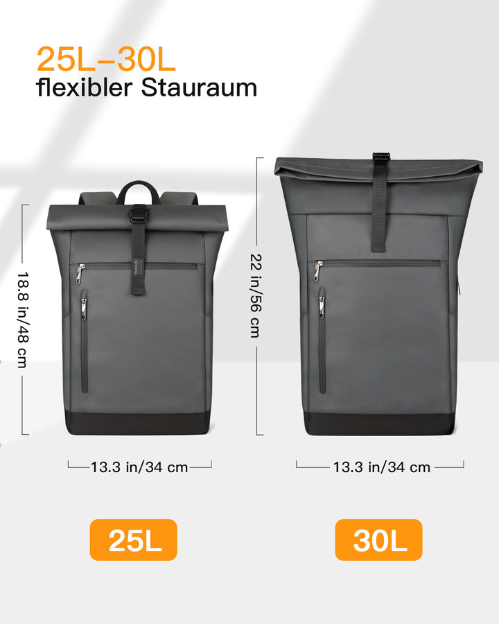 Sac à dos RollTop hydrofuge de 25 à 30 L, sac à dos pour ordinateur portable, sac à dos d&