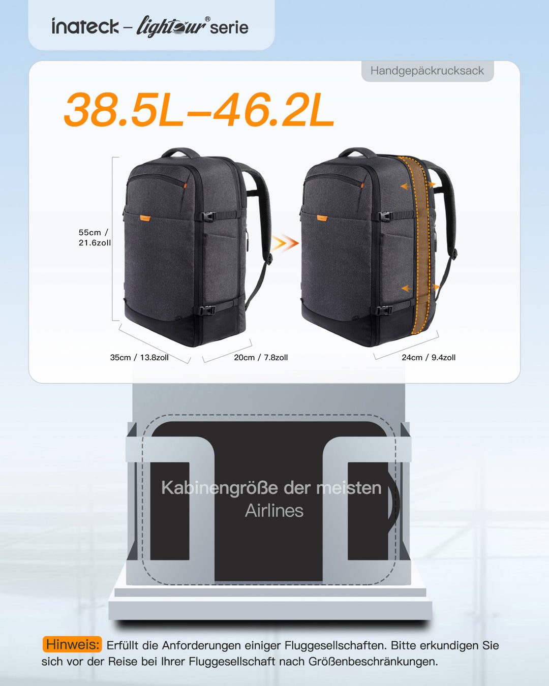 Inateck 38,5–46,2 L erweiterbarer Handgepäck-Rucksack, 15,6-Zoll-Laptop-Rucksack, spritzwassergeschützt, für Damen und Herren, BP03006
