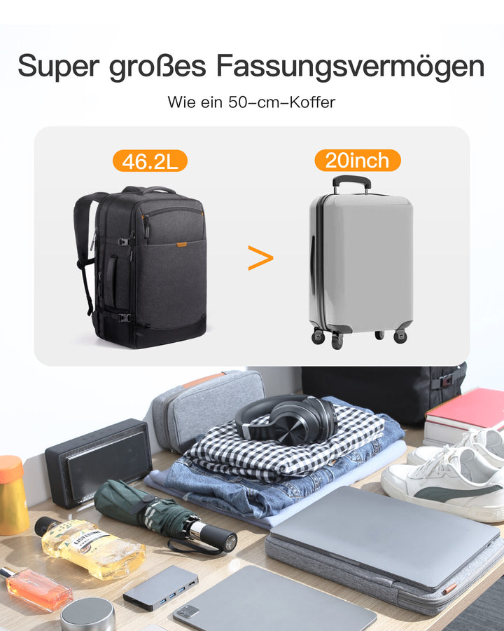 Inateck 38,5–46,2 L erweiterbarer Handgepäck-Rucksack, 15,6-Zoll-Laptop-Rucksack, spritzwassergeschützt, für Damen und Herren, BP03006