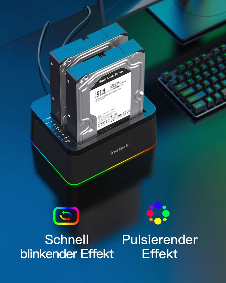 RGB Festplatten Dockingstation USB 3.0 mit Offline-Klonfunktion, für 2.5 u. 3.5 Zoll SATA HDDs und SSDs, UASP Unterstützt SA02003, Schwarz - Inateck Official DE