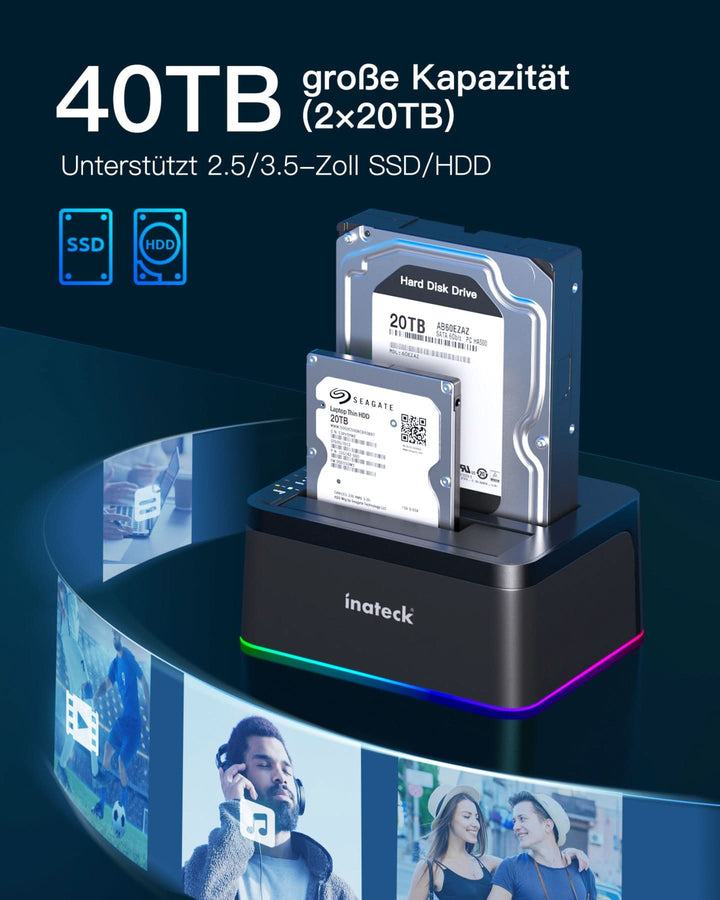 RGB Festplatten Dockingstation USB 3.0 mit Offline-Klonfunktion, für 2.5 u. 3.5 Zoll SATA HDDs und SSDs, UASP Unterstützt SA02003, Schwarz - Inateck Official DE