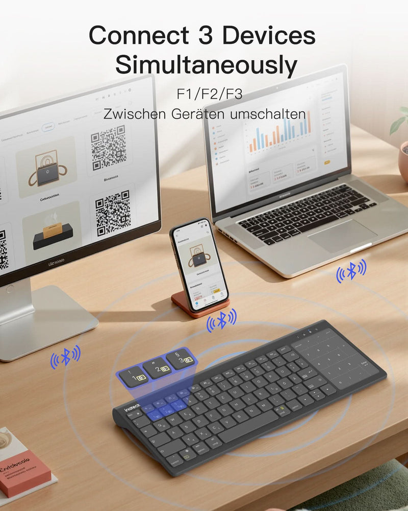Tablet Tastatur, 3 BT-Kanäle, Kompatibel mit iPadOS/Samsung/Android/Windows, KB06103