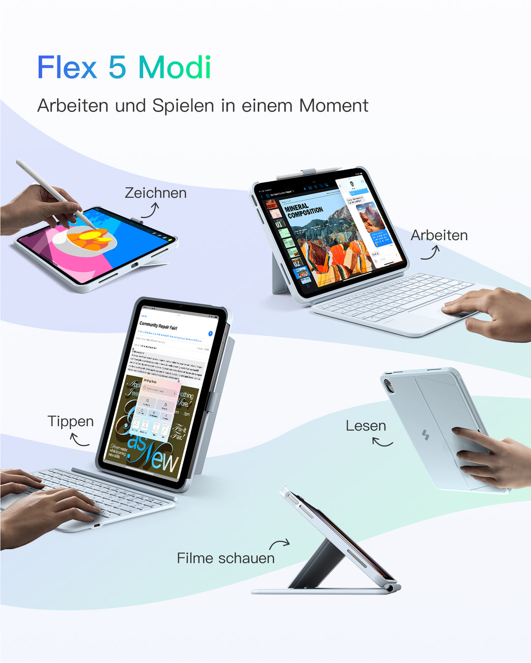 inateck DE Abnehmbar Hülle mit Tastatur für iPad 11" A16 2025, iPad 10.9" 2022,mit Stifthalter, QWERTZ, AceTouch Pro, KB403-10 | Re