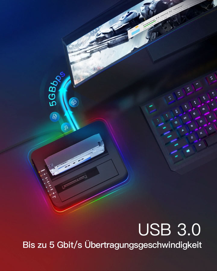 RGB Festplatten Dockingstation USB 3.0 mit Offline-Klonfunktion, für 2.5 u. 3.5 Zoll SATA HDDs und SSDs, UASP Unterstützt SA02003, Schwarz - Inateck Official DE