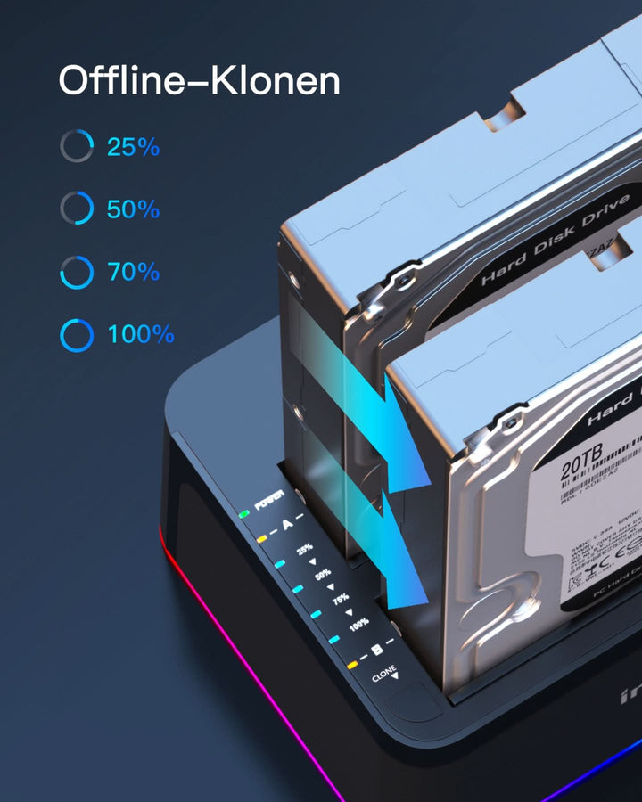 RGB Festplatten Dockingstation USB 3.0 mit Offline-Klonfunktion, für 2.5 u. 3.5 Zoll SATA HDDs und SSDs, UASP Unterstützt SA02003, Schwarz - Inateck Official DE