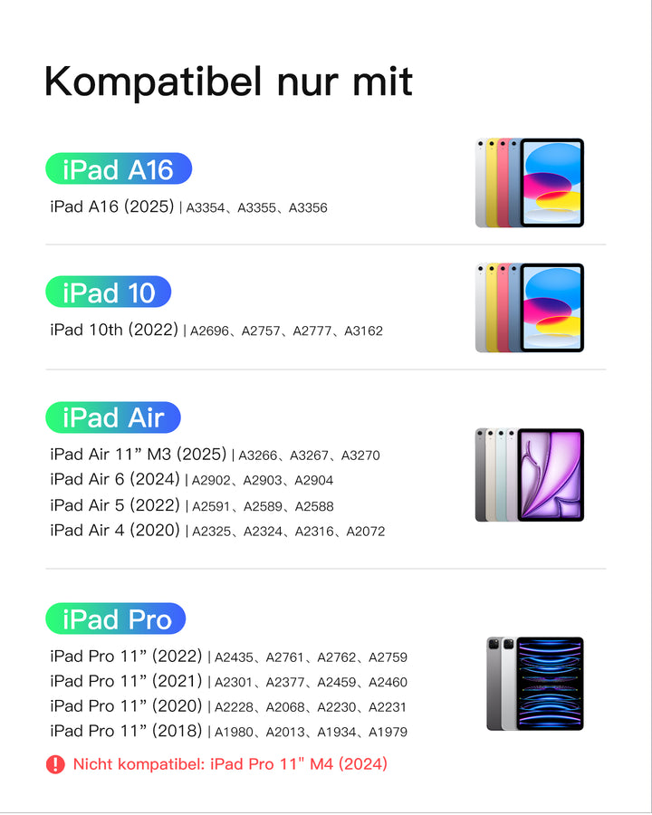 inateck DE Abnehmbar Ultraleichte Tastatur für iPad 11/10 Gen A16 2025 11 Zoll, iPad Air 11 Zoll (2026/2025), iPad Air 5/4, iPad Pr