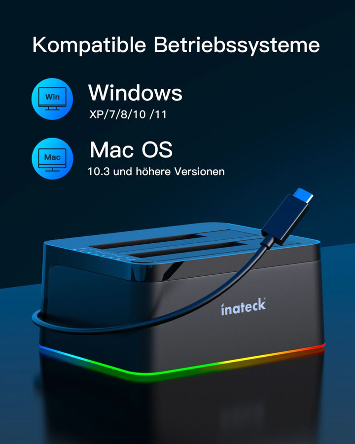 RGB Festplatten Dockingstation USB 3.0 mit Offline-Klonfunktion, für 2.5 u. 3.5 Zoll SATA HDDs und SSDs, UASP Unterstützt SA02003, Schwarz - Inateck Official DE
