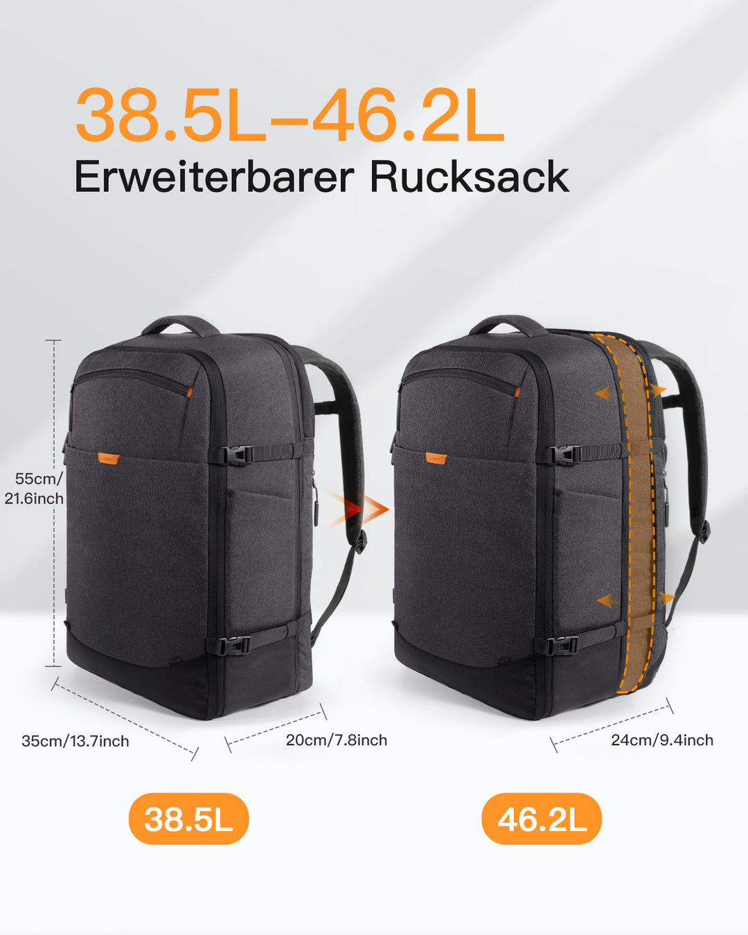 Inateck 38,5–46,2 L erweiterbarer Handgepäck-Rucksack, 15,6-Zoll-Laptop-Rucksack, spritzwassergeschützt, für Damen und Herren, BP03006