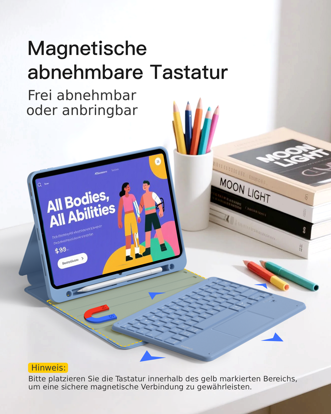 Abnehmbar Tastatur für iPad 11" A16 (2025), iPad Air 11" M4/M3/M2 (2026/2025/2024), iPad Air 10.9" 5/4, iPad Pro 11" 4/3/2/1, KB002