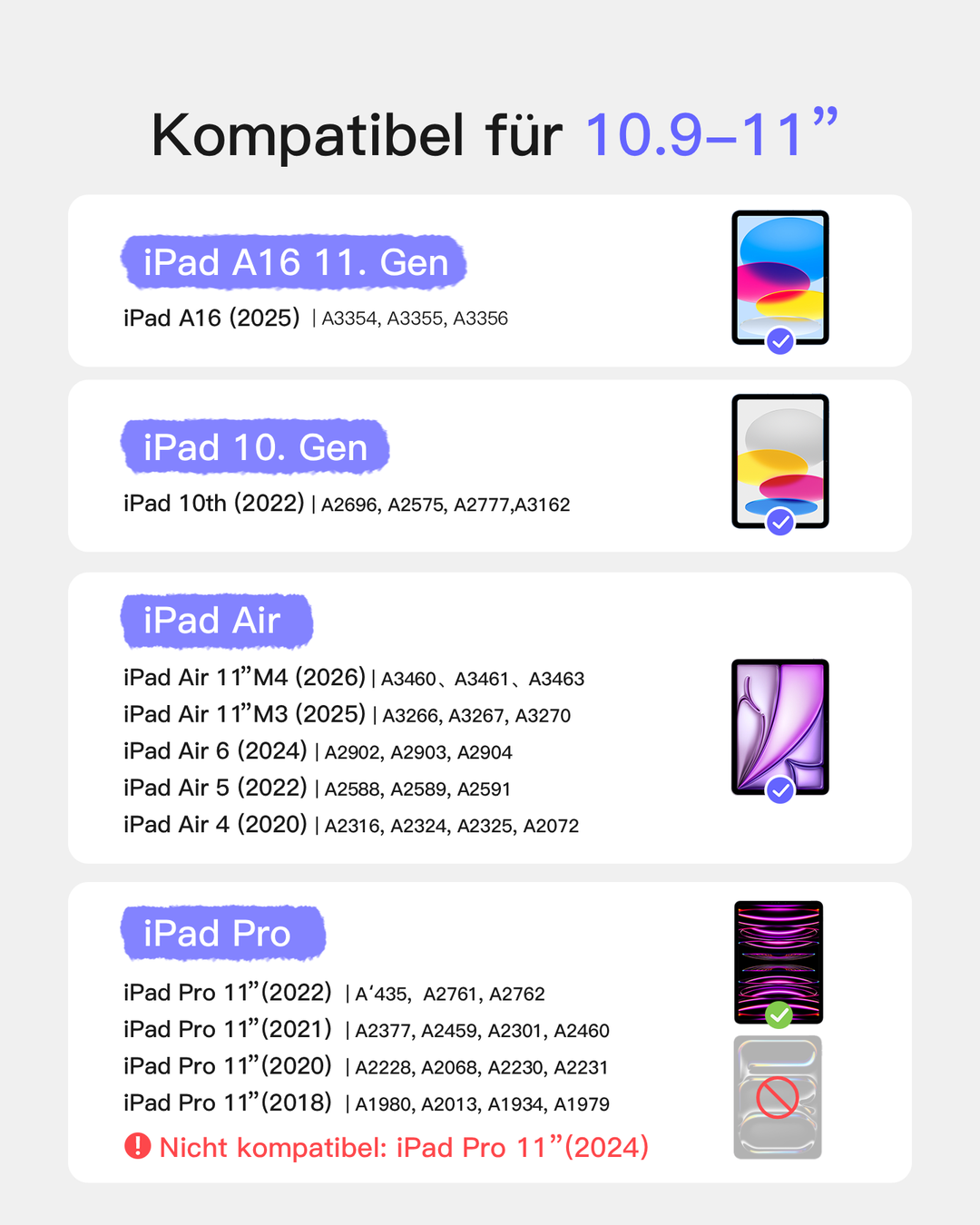 Abnehmbar Tastatur für iPad 11" A16 (2025), iPad Air 11" M4/M3/M2 (2026/2025/2024), iPad Air 10.9" 5/4, iPad Pro 11" 4/3/2/1, KB002