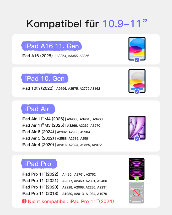 Abnehmbar Tastatur für iPad 11" A16 (2025), iPad Air 11" M4/M3/M2 (2026/2025/2024), iPad Air 10.9" 5/4, iPad Pro 11" 4/3/2/1, KB002