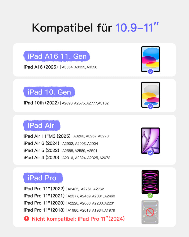 Abnehmbar Tastatur für iPad 11" A16 (2025), iPad Air 11" M3/M2 (2025/2024), iPad Air 10.9" 5/4, iPad Pro 11" 4/3/2/1, KB002