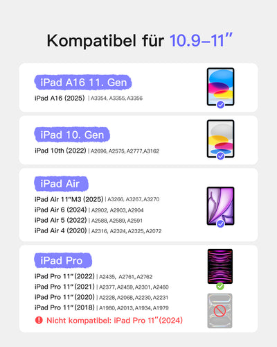 Abnehmbar Tastatur für iPad 11" A16 (2025), iPad Air 11" M3/M2 (2025/2024), iPad Air 10.9" 5/4, iPad Pro 11" 4/3/2/1, KB002
