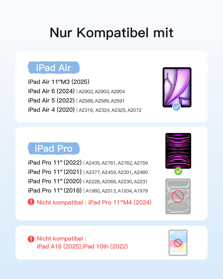 inateck DE Abnehmbare Tastatur für iPad Air 11" M3/M2 (2025/2024), iPad Air 6/5/4, iPad Pro 11" 4/3/2/1, QWERTZ, KB04111