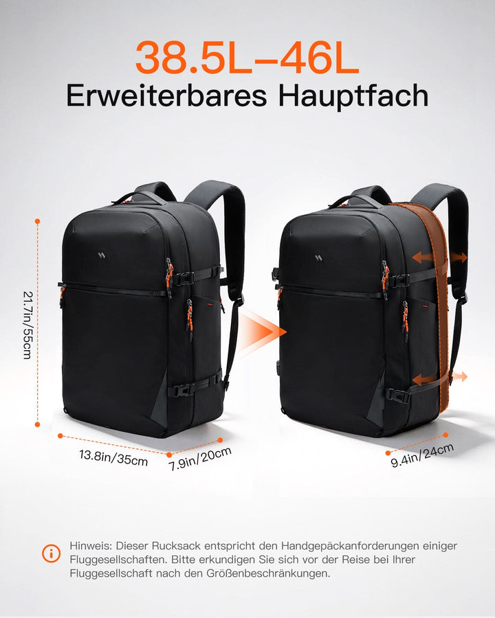 Leichter 38.5-46 L Reiserucksack erweiterbarer, Spritzwassergeschützt Travel Backpack für 16 Zoll Laptop, BPX35