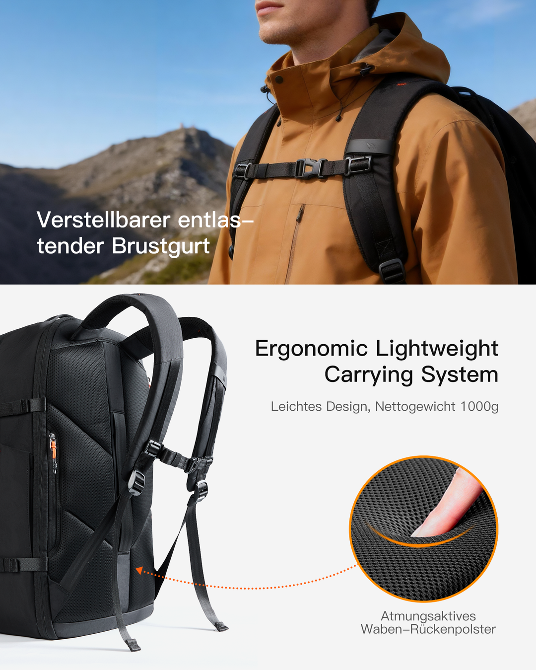 Leichter 38.5-46 L Reiserucksack erweiterbarer, Spritzwassergeschützt Travel Backpack für 16 Zoll Laptop, BPX35
