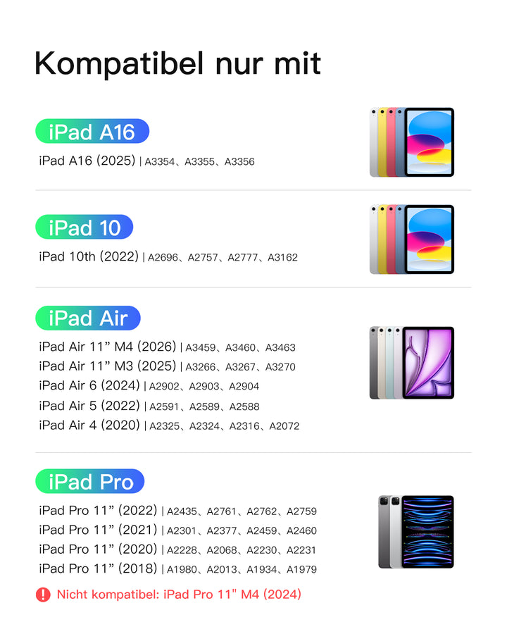 Abnehmbar Tastatur für iPad 11" A16 (2025), iPad Air 11" M4/M3/M2 (2026/2025/2024), iPad Air 10.9" 5/4, iPad Pro 11" 4/3/2/1, KB002