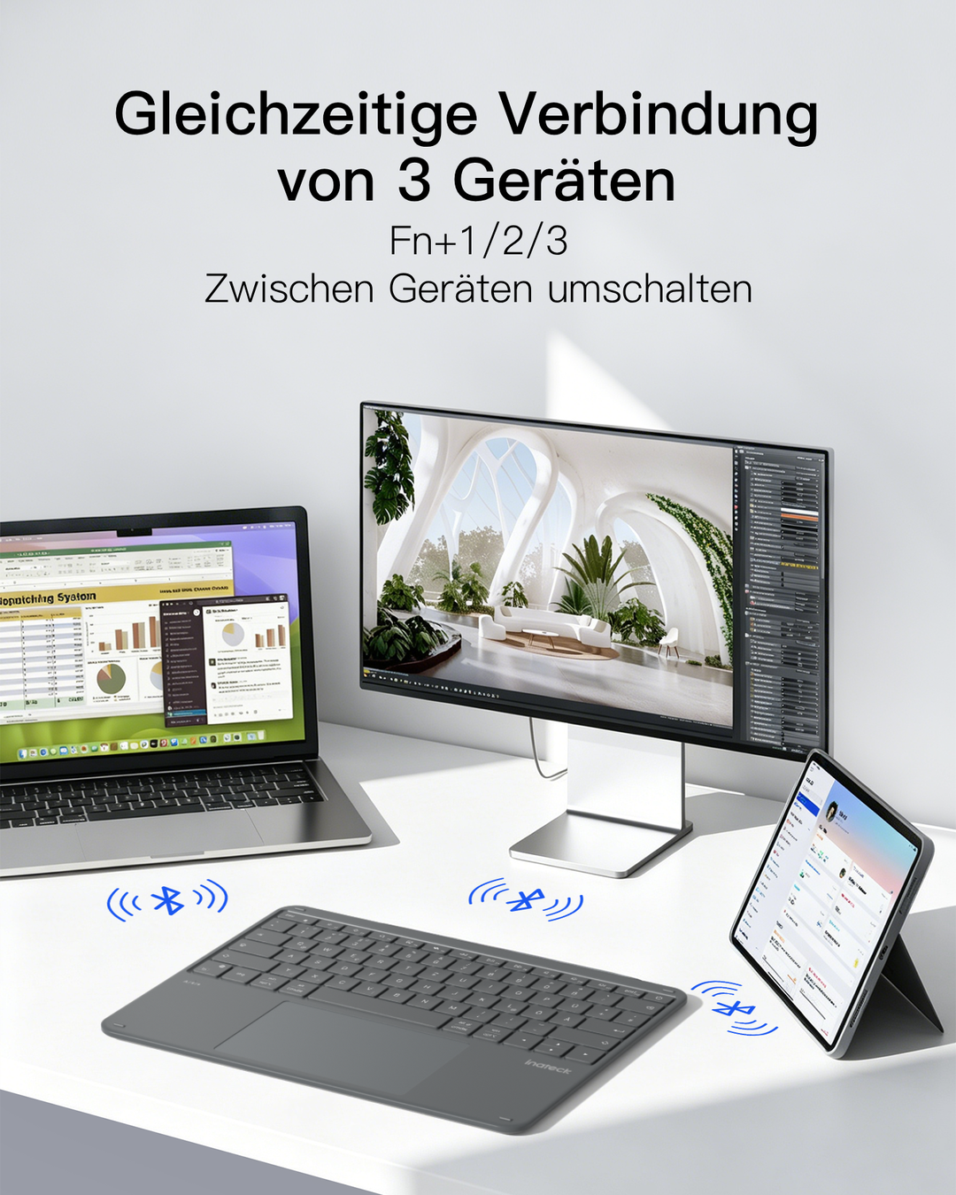 Inateck Bluetooth Tastatur mit Touchpad – QWERTZ, 3 Kanäle, iPad/Tablet/Windows, KB105