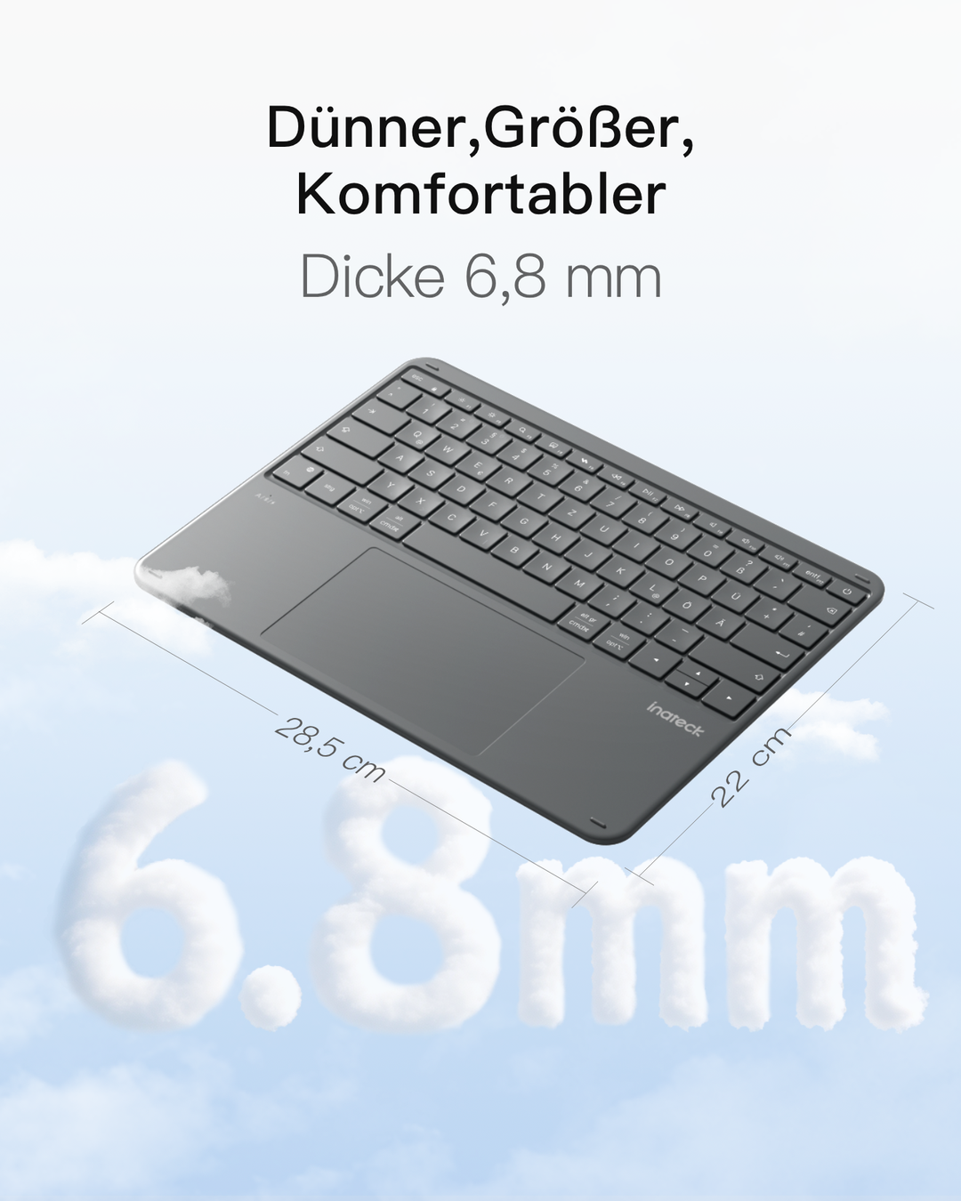 Inateck Bluetooth Tastatur mit Touchpad – QWERTZ, 3 Kanäle, iPad/Tablet/Windows, KB105