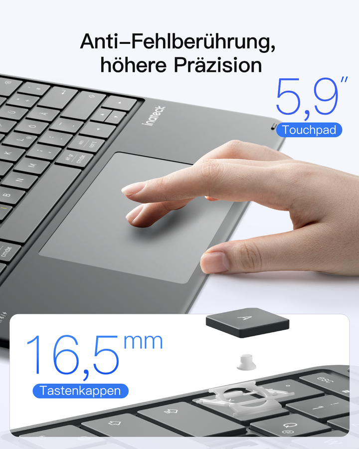 Inateck Bluetooth Tastatur mit Touchpad – QWERTZ, 3 Kanäle, iPad/Tablet/Windows, KB105