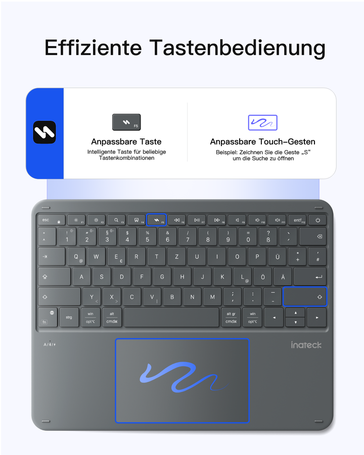 Inateck Bluetooth Tastatur mit Touchpad – QWERTZ, 3 Kanäle, iPad/Tablet/Windows, KB105