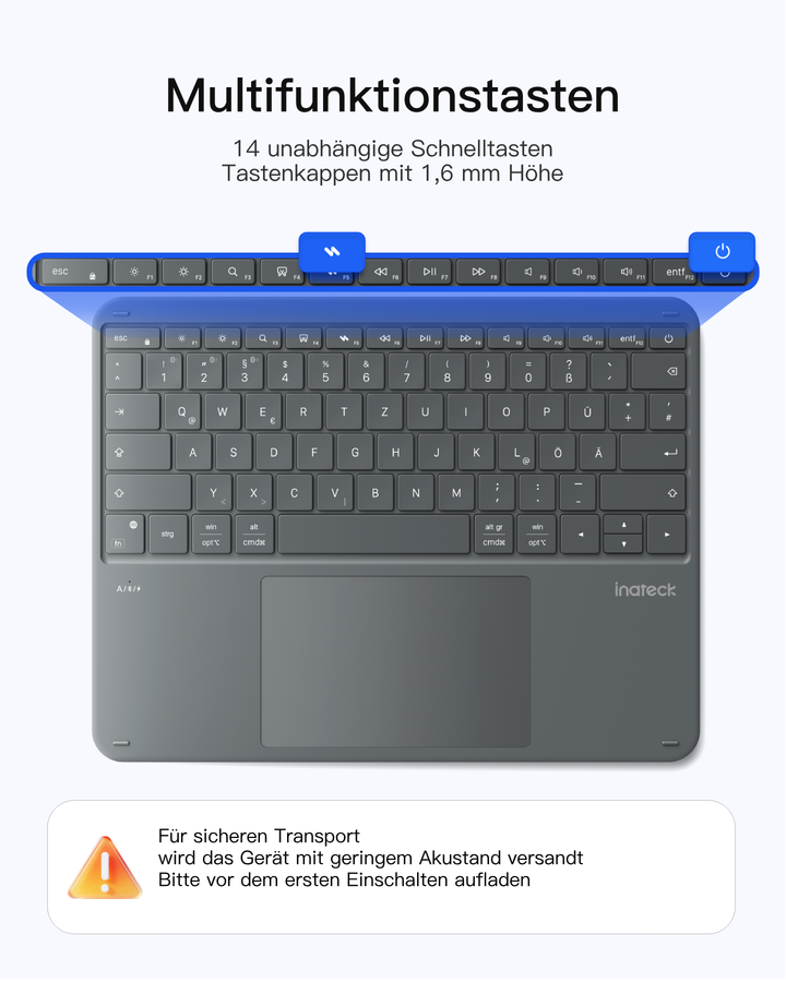 Inateck Bluetooth Tastatur mit Touchpad – QWERTZ, 3 Kanäle, iPad/Tablet/Windows, KB105