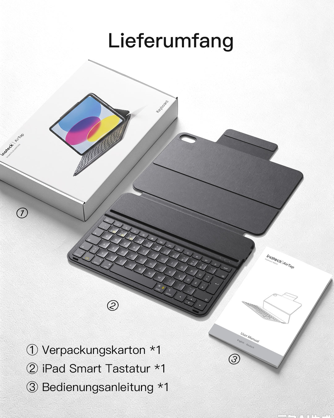 Inateck abnehmbare Tastaturhülle für iPad 11 Zoll (A16) 2025 / iPad 10 Generation 10,9 Zoll, QWERTZ, KB204