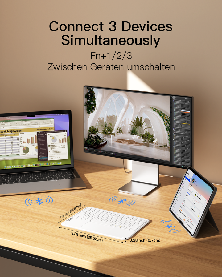 Ultraleichte Tablet Tastatur Kabellose QWERTZ Deutsch mit Trackpad, kompatibel mit iPad/Tablet/Windows/Laptop/PC, KB01105