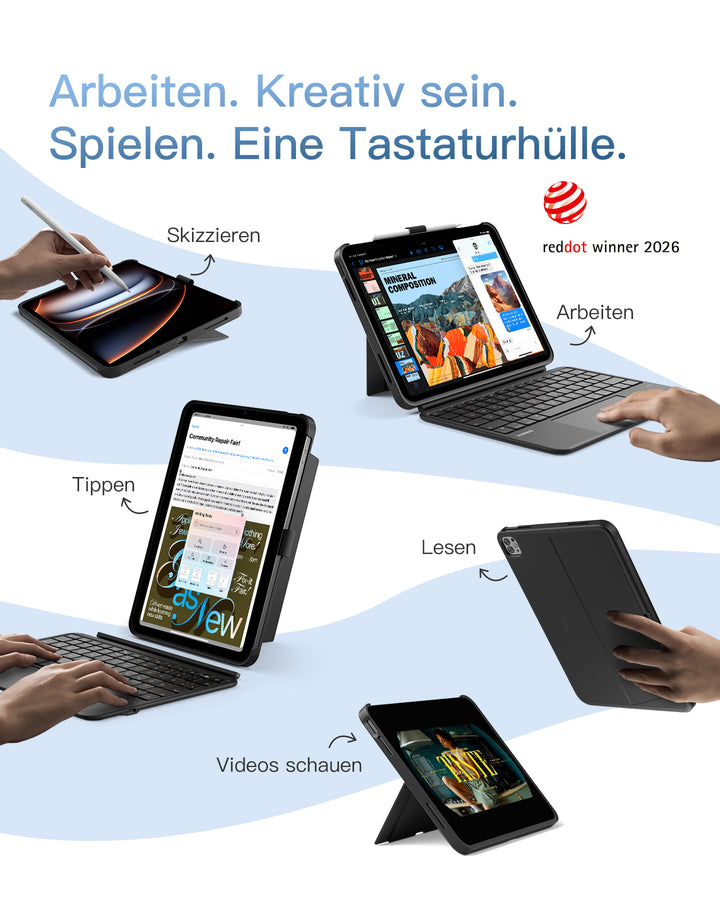 Abnehmbar Hülle mit Tastatur für iPad 11" A16 2025, iPad 10.9" 2022,mit Stifthalter, QWERTZ, AceTouch Pro, KB403-10 | Red Dot Design Award 2026