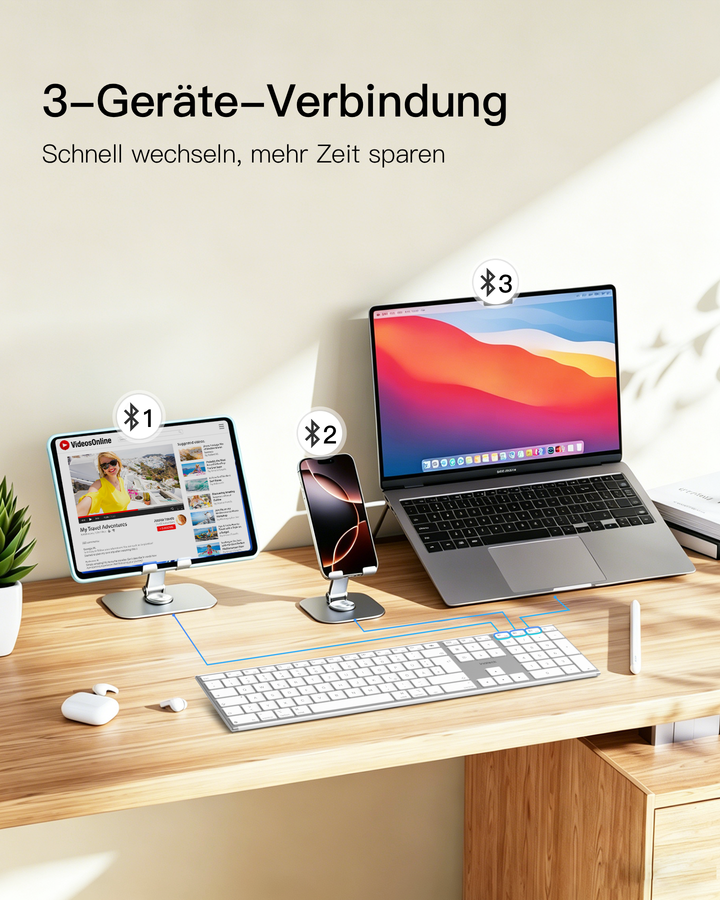 Bluetooth Mac Tastatur, Kabellose Tastatur mit 3 BT Kanälen, QWERTZ, Leise Tasten, KB607