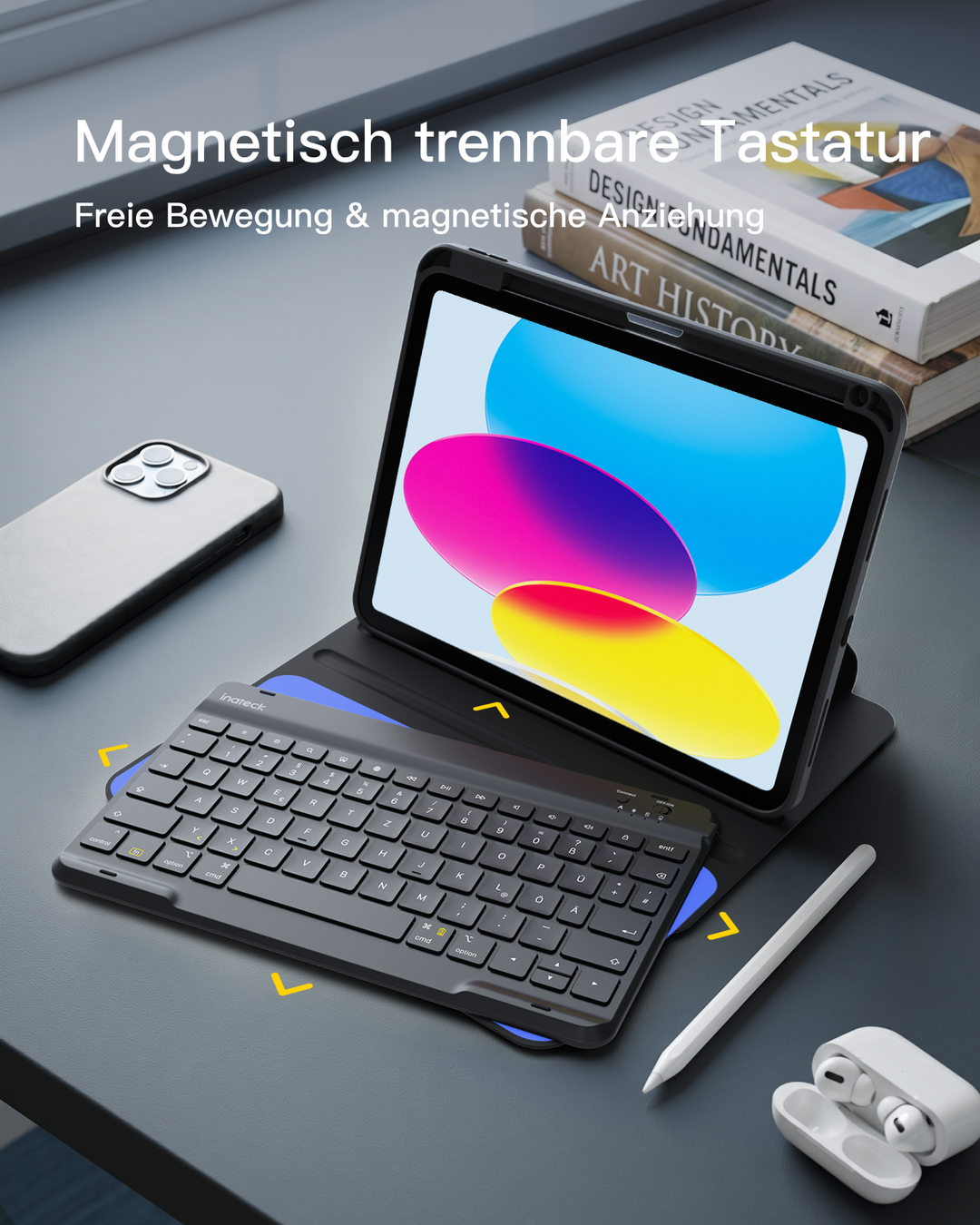Inateck Tastaturhülle für iPad 11 (A16)/10. Gen, 360° drehbar, abnehmbare QWERTZ Tastatur, KB005