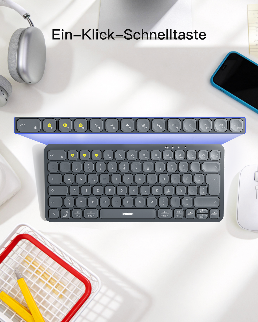 Bluetooth Tastatur Kabellose, QWERTZ für iPad Pro/Air/Mini/Windows/MacOS/Android, Ergonomisches mit KI Key,KB107
