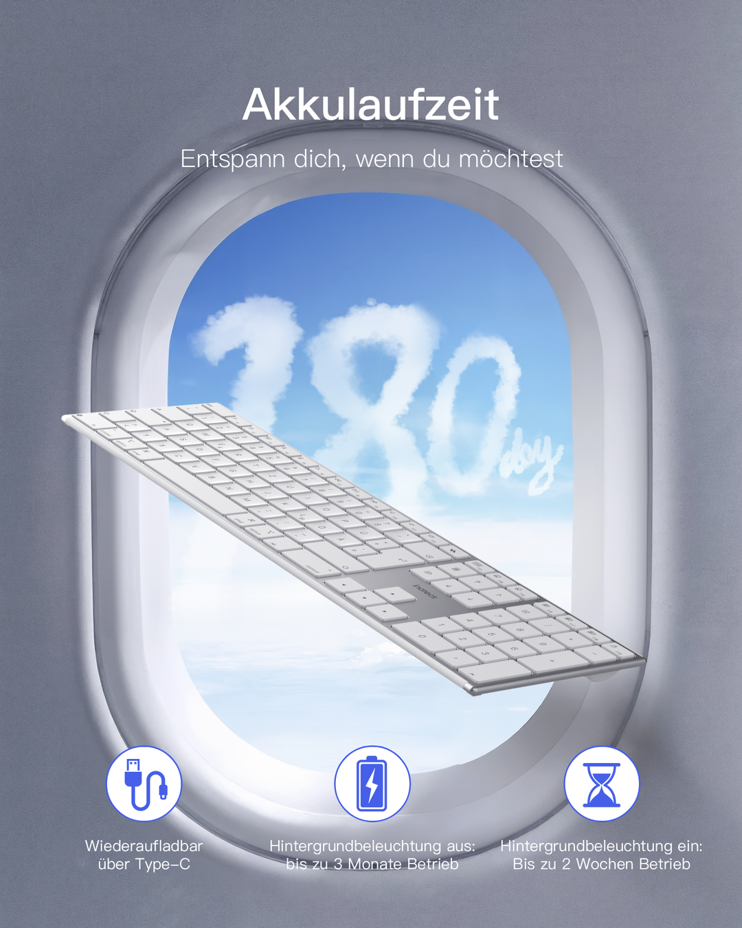 Bluetooth Mac Tastatur, Kabellose Tastatur mit 3 BT Kanälen, QWERTZ, Leise Tasten, KB607