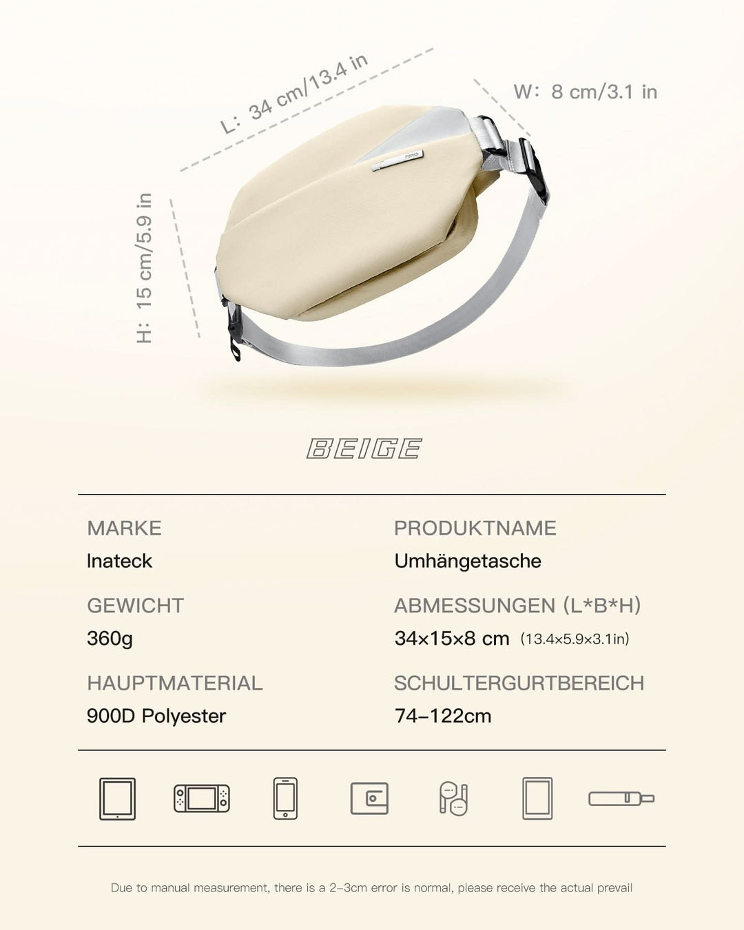 inateck DE Sling Bag mit 19 eingebaute Taschen, stylische Crossbody Bag mit verstellbarem Schultergurt, LB03014