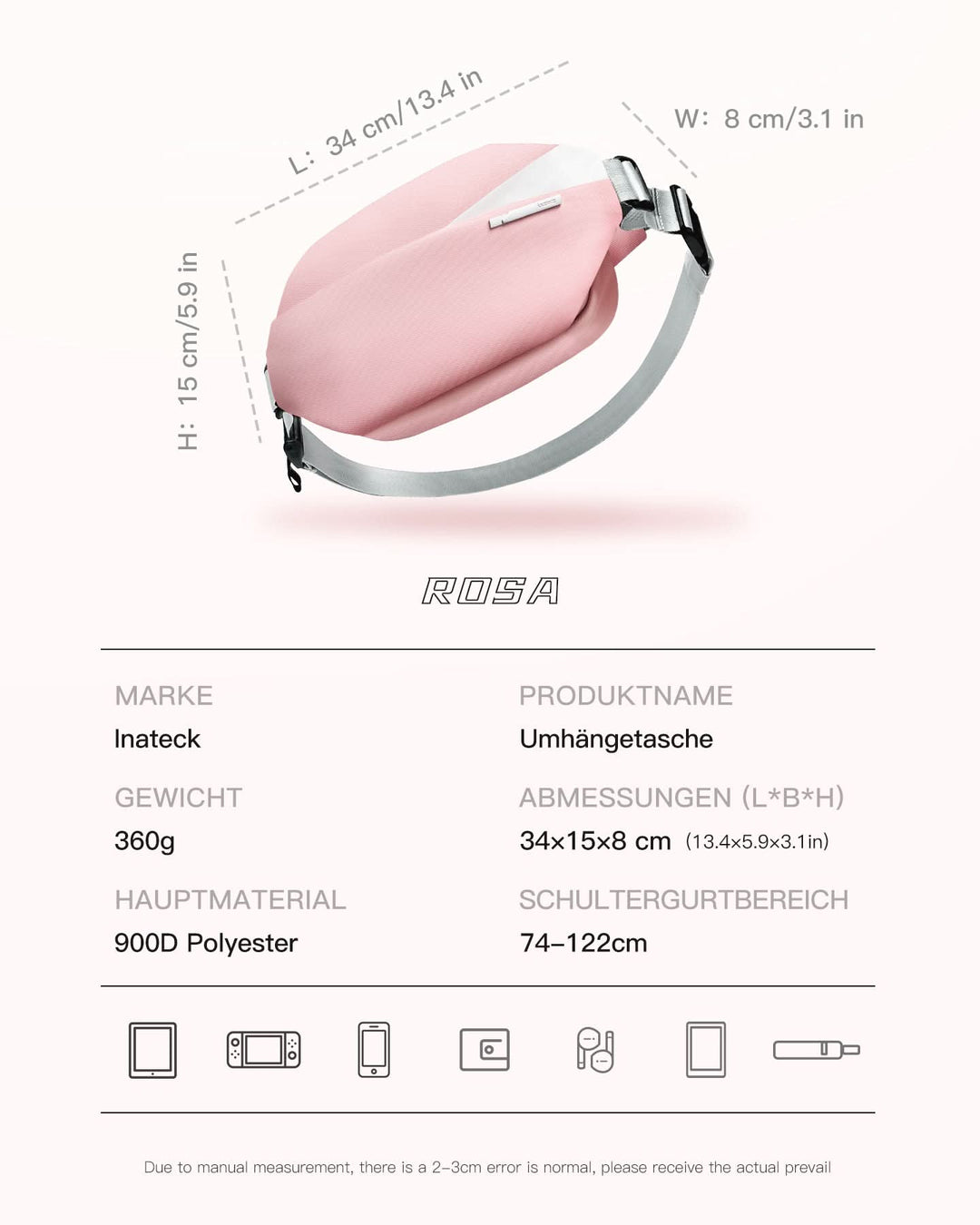 inateck DE Sling Bag mit 19 eingebaute Taschen, stylische Crossbody Bag mit verstellbarem Schultergurt, LB03014