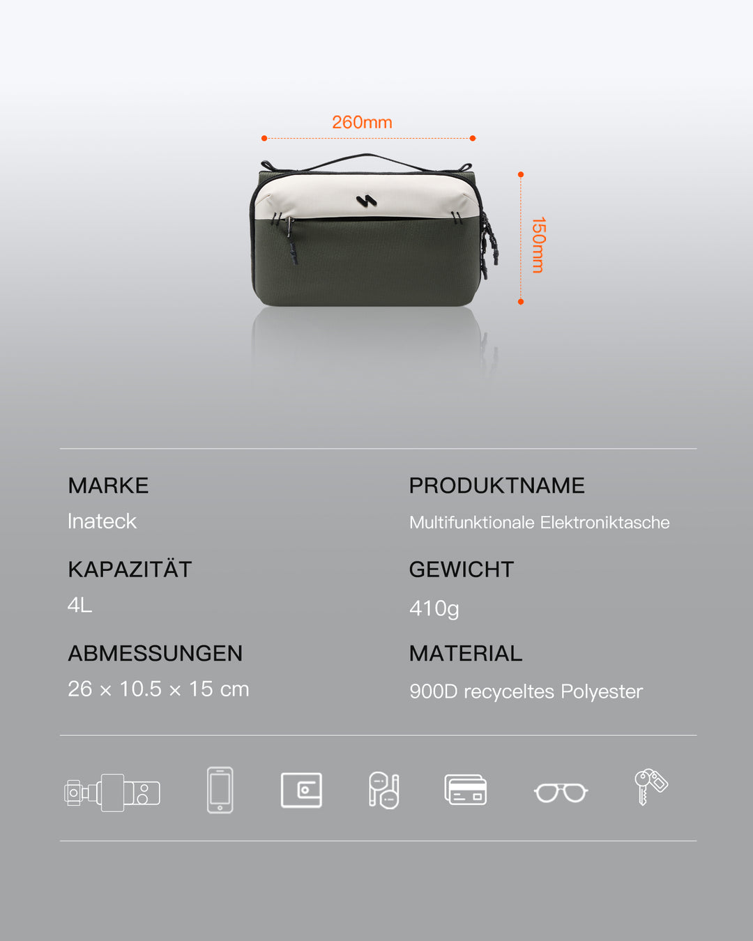 inateck DE Multifunktionaler Kabeltasche Elektronik Organizer, Spritzwassergeschütztes, ABM34